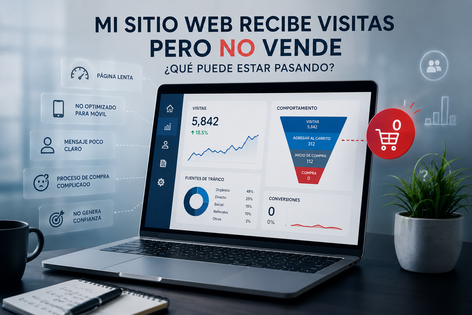 Sitio web con muchas visitas pero sin ventas mostrando problemas de conversión
